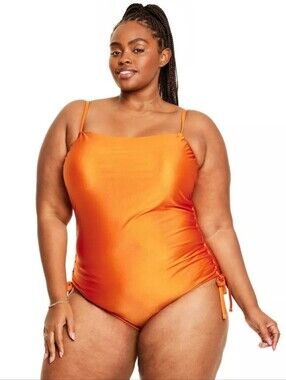 Plus-Size Orange One-Piece Swimsuit with Adjustable Side Ties